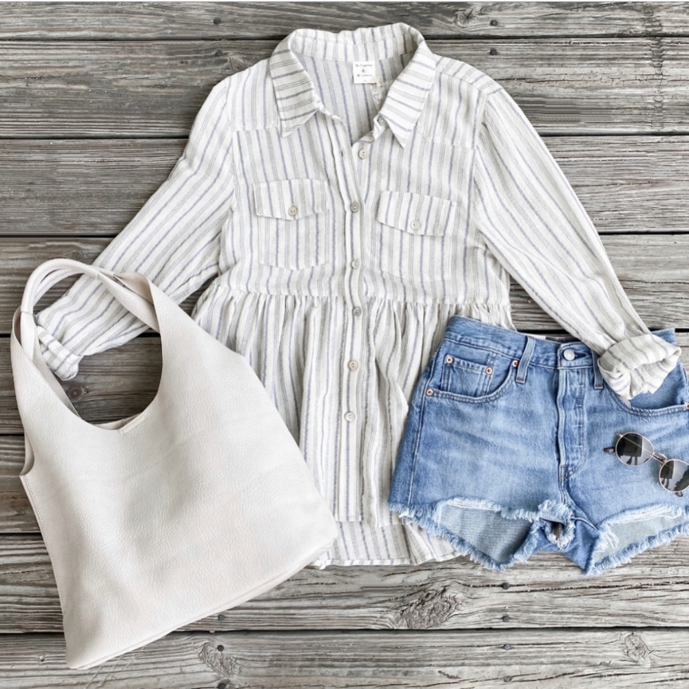 By Together Striped Babydoll Tiered Tunic Top Button-Down Oversized Small Casual